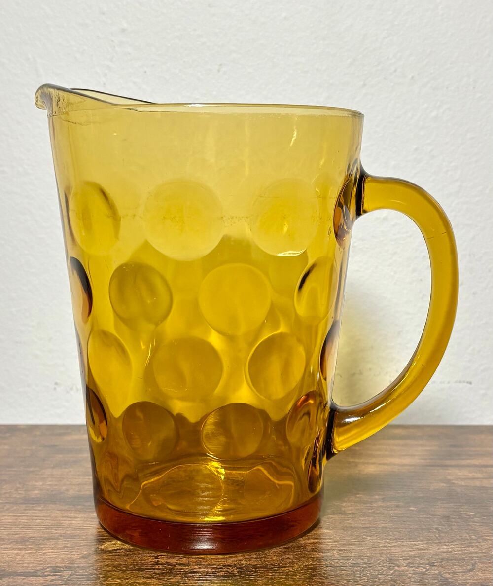 Vintage 60s Hazel-Atlas Amber Glass Pitcher Eldorado Gold- Pressed Circles MCM